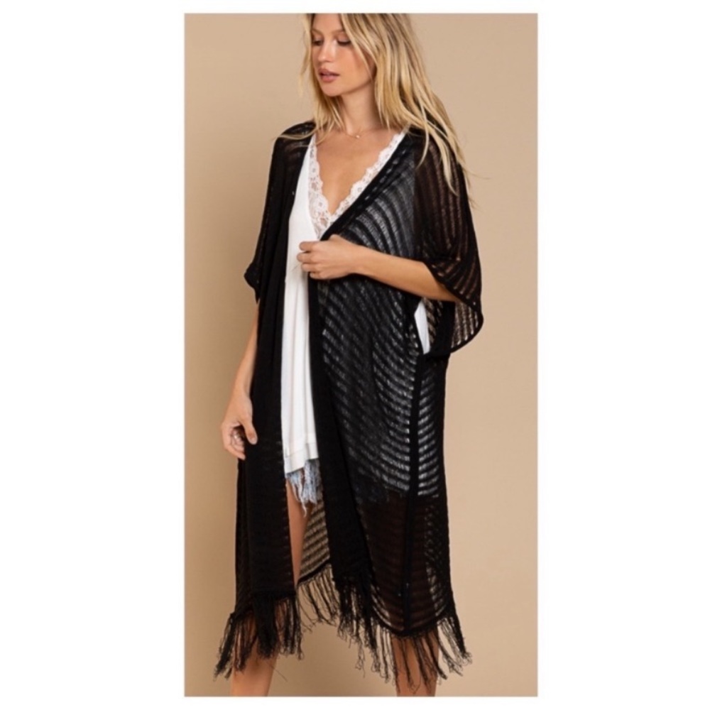 New POL Black Loose Rib Knit Cardigan/Kimono With Fringe Hem - Picture 8 of 11